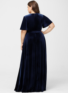 A-Linien-Kleid V-Ausschnitt Vokuhila Samt Brautjungfernkleid mit Schleife 