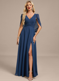 A-line V-Neck Floor-Length Chiffon Evening Dress With Cape Pleated 
