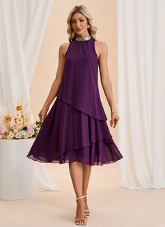 Cascading Ruffles Sequins High Neck Sleeveless A-line Chiffon Midi Dress 