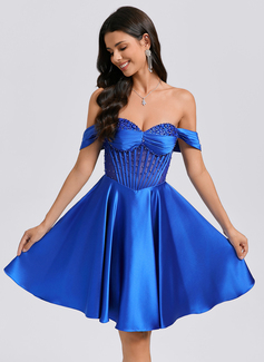 A-line Off the Shoulder Short Satin Homecoming Dress With Rhinestone Pleated Beading 