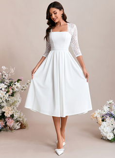 A-line Square Tea-Length Lace Stretch Crepe Wedding Dress 