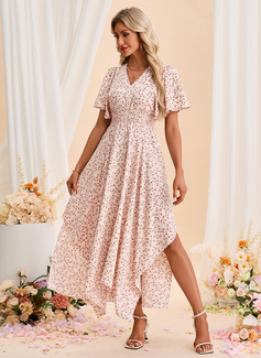 Floral Print Smocked V-Neck Short Sleeve A-line Printed Fabric Asymmetrical Maxi Dress 