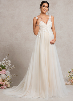 A-line V-Neck Court Train Tulle Lace Maternity Dresses 