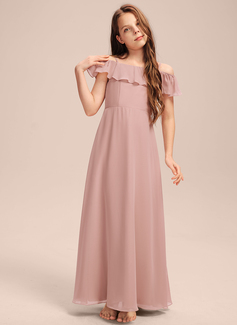 A-formet Off-the-Shoulder Gulvlengde Chiffong Brudepikekjole til tenåringer 