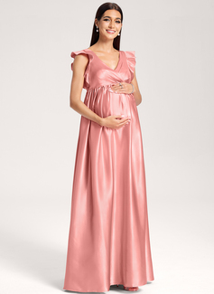 A-line V-Neck Floor-Length Stretch Satin Maternity Dresses With Ruffle 