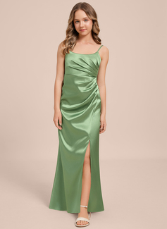 Sheath/Column Scoop Floor-Length Stretch Satin Junior Bridesmaid Dress 