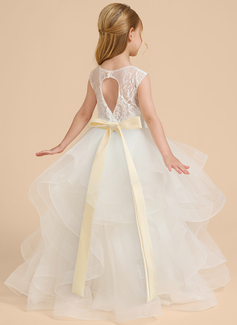 Prinzessin Rundhals Bodenlang Satin Tüll Spitze Blumenmädchenkleid mit Schleife 