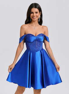A-line Off the Shoulder Short Satin Homecoming Dress With Rhinestone Pleated Beading 