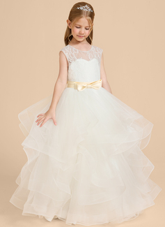 Prinzessin Rundhals Bodenlang Satin Tüll Spitze Blumenmädchenkleid mit Schleife 