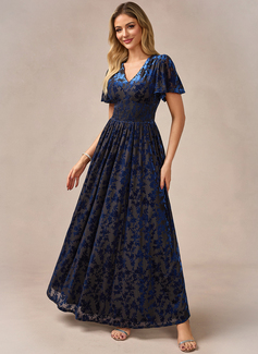 A-line V-Neck Floor-Length Velvet Evening Dress 