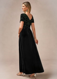 V-Neck Short Sleeve A-line Velvet Sequin Maxi Dress 