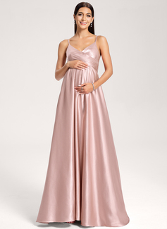A-line V-Neck Floor-Length Stretch Satin Maternity Dresses With Pleated 