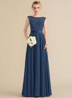 A-Linien-Kleid Rundhals Bodenlang Chiffon Spitze Brautjungfernkleid mit Schleife 