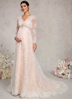 A-line V-Neck Court Train Lace Tulle Maternity Dresses With Beading 