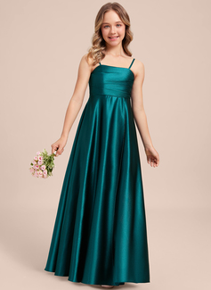 A-line Square Floor-Length Stretch Satin Junior Bridesmaid Dress 