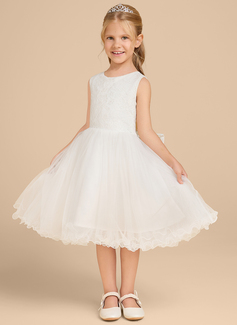 Prinzessin Rundhals Knielang Spitze Satin Tüll Blumenmädchenkleid mit Schleife 