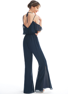 Jumpsuits V-hals Gulvlengde Chiffon Brudepikekjole med Ruffle 