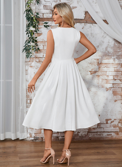 A-line V-Neck Tea-Length Stretch Satin Wedding Dress 