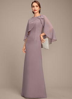 A-line Boat Neck Floor-Length Chiffon Mother of the Bride Dress With Beading Cape Sequins Pleated Bow 