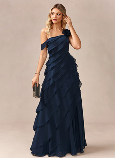 A-line One Shoulder Floor-Length Chiffon Evening Dress With Cascading Ruffles Flower 