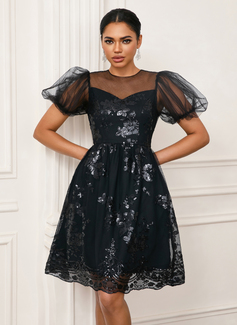 Sequins Scoop Illusion Short Sleeve A-line Tulle Mini Dress 