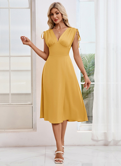 Ruched V-Neck Sleeveless A-line Satin Midi Dress 