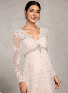 A-line V-Neck Court Train Lace Tulle Maternity Dresses With Beading 