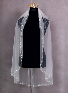 Beading Cut Edge Single Tier Tulle Bridal Fingertip Length Wedding Veils 