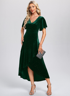 A-line V-Neck Asymmetrical Ankle-Length Velvet Cocktail Dress 