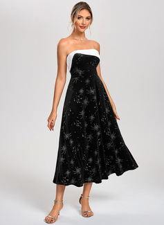 Black and White Straight Strapless A-line Velvet Midi Dress 