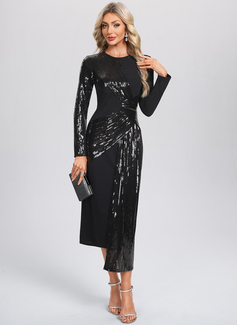 Sheath/Column Scoop Asymmetrical Tea-Length Sequin Stretch Crepe Cocktail Dress 