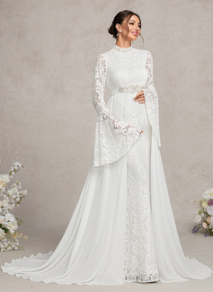 Trumpet/Mermaid High Neck Sweep Train Detachable Chiffon Lace Maternity Dresses With Beading 