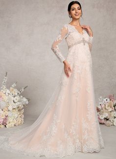 A-line V-Neck Court Train Lace Tulle Maternity Dresses With Beading 