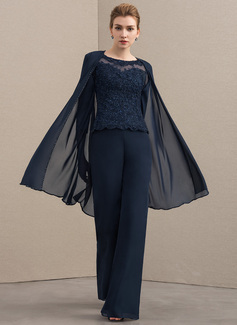 Buksedresser Separerer Scoop Illusjon Gulvlengde Chiffon Blonder Kjole til brudens mor med Profilering 