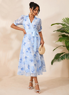 Floral Print Collared Short Sleeve A-line Printed Fabric Midi Dress 