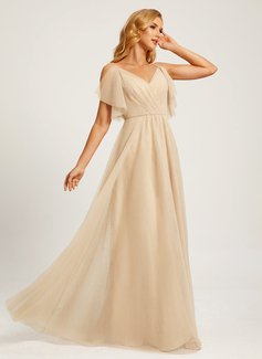 A-formet V-hals Gulvlengde Tyll Brudepikekjole 