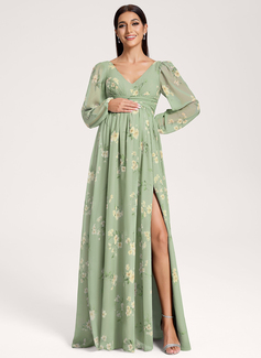 A-line V-Neck Floor-Length Chiffon Maternity Dresses With Ruffle 