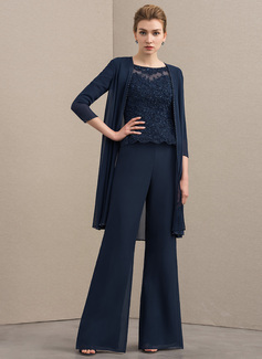 Buksedresser Separerer Scoop Illusjon Gulvlengde Chiffon Blonder Kjole til brudens mor med Profilering 