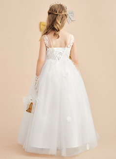 A-Linien-Kleid Rundhals Bodenlang Spitze Tüll Blumenmädchenkleid 