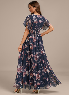 A-line V-Neck Floor-Length Chiffon Evening Dress With Smocked Floral Print 