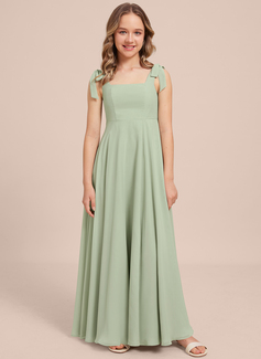 A-line Square Floor-Length Chiffon Junior Bridesmaid Dress With Bow 