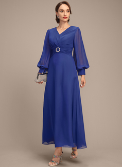 A-line V-Neck Ankle-Length Chiffon Mother of the Bride Dress With Crystal Brooch Pleated 