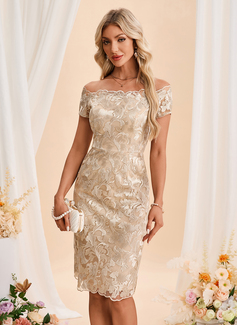 Embroidered Off the Shoulder Short Sleeve Sheath/Column Tulle Midi Dress 