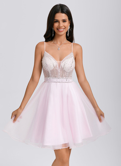 A-line V-Neck Short Tulle Homecoming Dress With Rhinestone Sequins Beading 