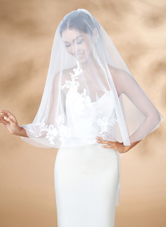 Lace Cut Edge Two Tier Bridal Fingertip Length 47" Wedding Veils With Blusher 