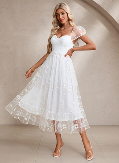 Embroidered Sweetheart Short Sleeve A-line Tulle Midi Dress 