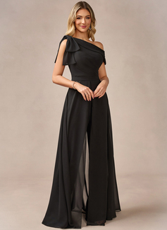 Jumpsuits One Shoulder Floor-Length Chiffon Evening Dress With Overskirt Bow 