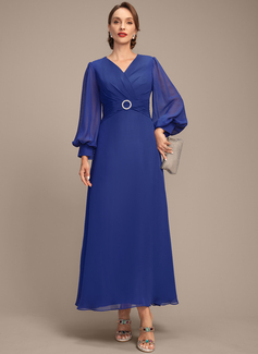 A-line V-Neck Ankle-Length Chiffon Mother of the Bride Dress With Crystal Brooch Pleated 