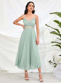 V-hals Ermeløs Sexy A-line kjole Chiffong Midi Ankel-lengde Motekjoler 