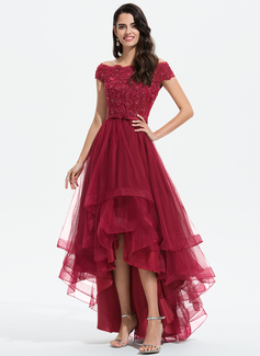 A-Linien-Kleid Carmen Vokuhila Tüll Spitze Abendkleid mit Schleife Pailletten Perlen 